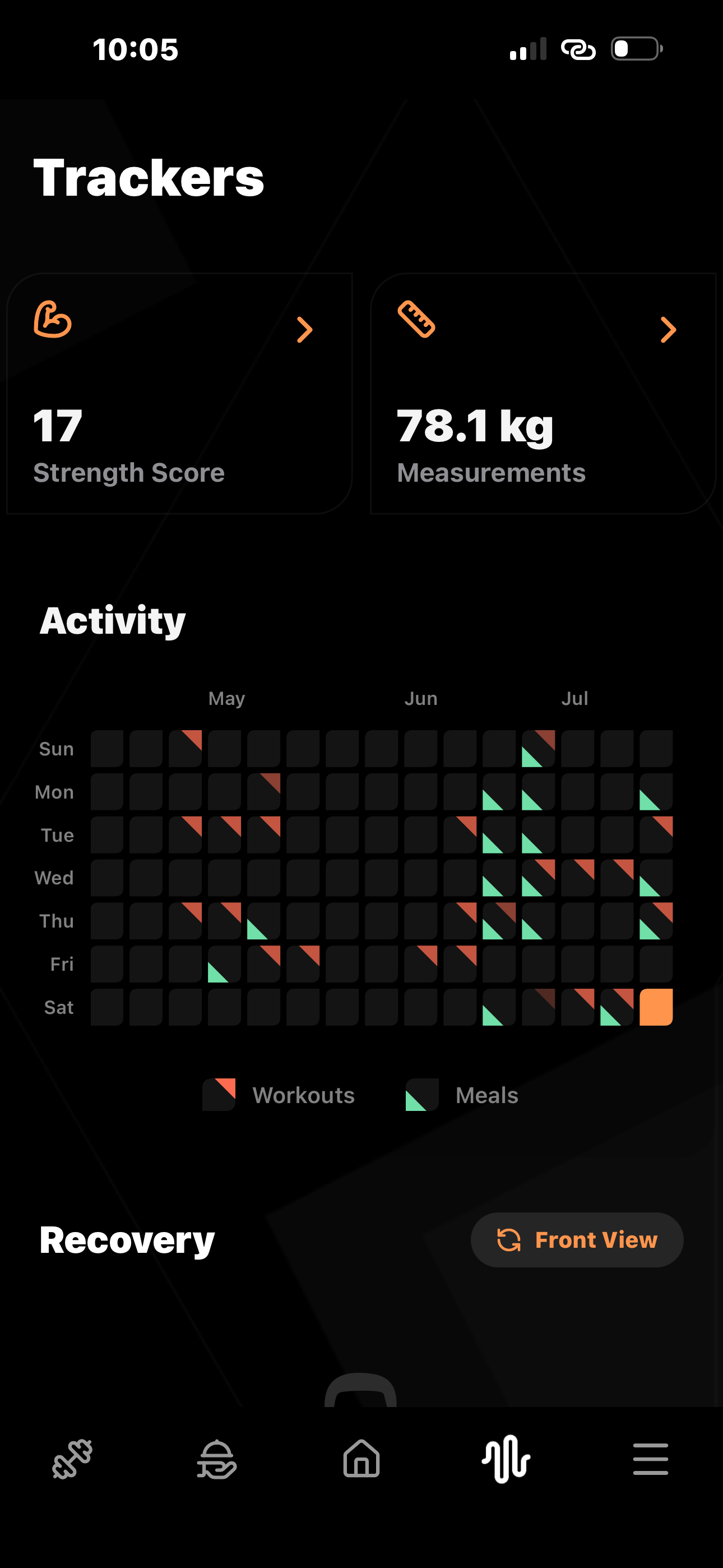 GRIND progress tracking showing weight measurements, workout adherence and progress photos over 12 weeks
